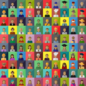 Flat People Icons, Different Occupation: Doctor, Police, Artist, Firefighter, Surgeon, Clown, Judge, Astronaut, Waiter, Barman, Sailor, Hipster - On Background - Vector Illustration, Graphic Design
