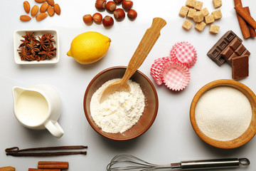 Food ingredients and kitchen utensils for cooking