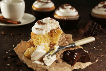 Delicious cupcakes on table close-up