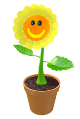 Happy 3D flower with a smiling face growing in a garden pot