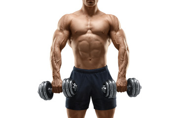 Strong and power bodybuilder doing exercises with dumbbell
