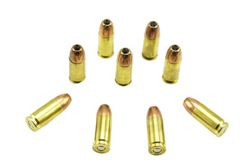 group of 9mm. bullets isolated on a white background.