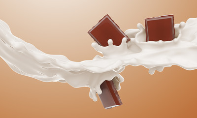 The piece of chocolate falling in a milk stream and splash