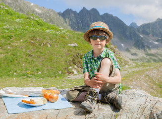 The boy has got picnic in summer mountains