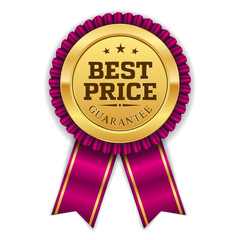 Gold best price badge with purple ribbon on white background