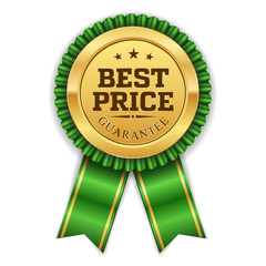 Gold best price badge with green ribbon on white background