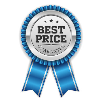 Silver best price badge with blue ribbon on white background