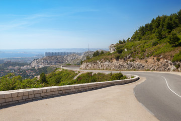 The panoramic view of Marseilles from mountain road