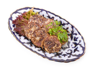 sliced horse meat sausage kazi close up on cutting wooden board