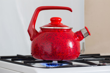 Tea kettle with boiling water on gas stove