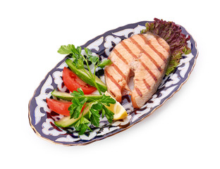 grilled salmon with asparagus, pea, yellow peppers, carrots and