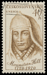 Stamp printed in Czechoslovakia shows portrait Maximilian Hell