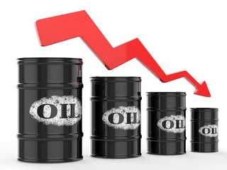 Oil Barrels with Red Arrow down. Financial crisis