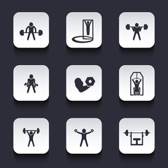 Exercises, trendy rounded square icons with shadow, eps10