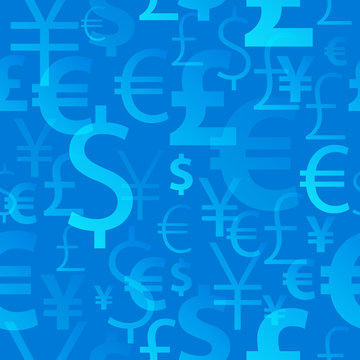 Currency Symbols Seamless Pattern - Blue Color.