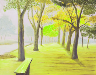 Painting showing beautiful sunny autumn day in a park