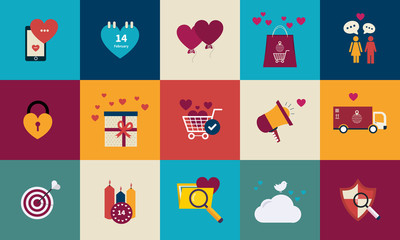 Flat design set for icons for Valentines day, wedding, love and
