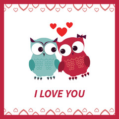 Lovers and happy owls with hearts.