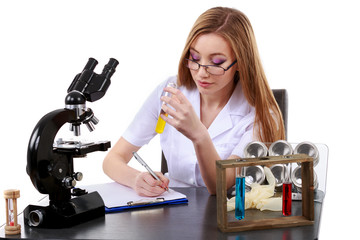 beautiful woman scientist in the lab perform various operations