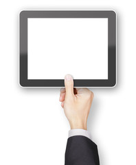 Hand holding a generic 3d rendered tablet with copyspace