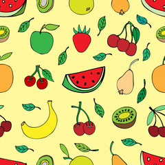 Seamless pattern with set of sweet fruits and berries. Apples, w