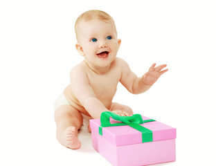 Sweet baby and gift on a white background