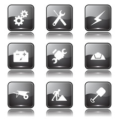 Construction Tools Square Vector Black Button Icon Design Set