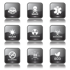 Warning Sign Square Vector Black Button Icon Design Set