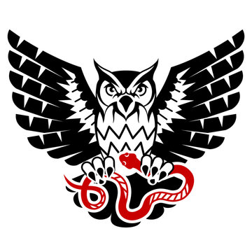 Owl with open wings attacking snake. Black and red tattoo