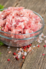 minced meat on wooden table