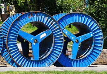 Large cable reels at the construction site