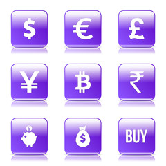 Currency Sign Square Vector Violet Icon Design Set