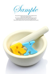 Empty white mortar and pestle with colorful letters RX isolated