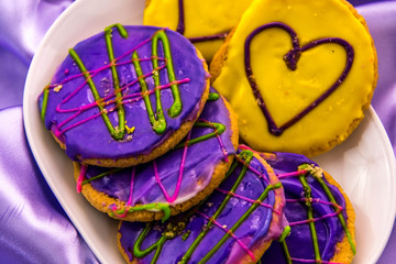 Mardi Gras cookies with icing and decorations