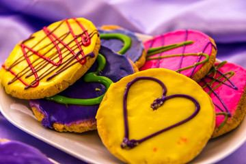 Mardi Gras cookies with icing and decorations