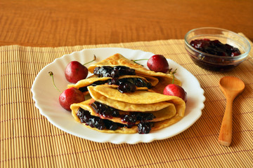Homemade Pancakes With Jam And Fresh Cherries