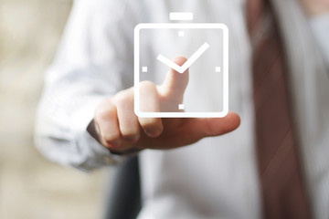 Businessman hand press clock time button sign web