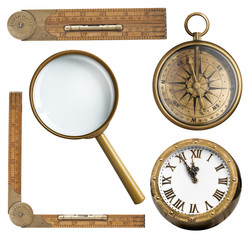 Vintage accessories set. Clock, magnifying glass, compass and