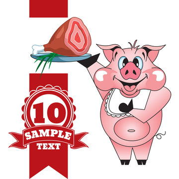 Cartoon cheerful pig with ham