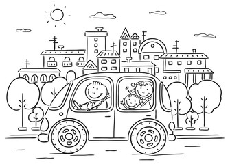 Happy family travelling by car - black and white