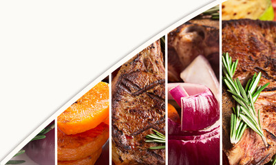 Collage from photos of grilled meat with vegetables