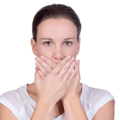 young woman covering her mouth with both hands