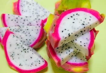 Close up of sliced Dragon fruit (Pitaya) on plate