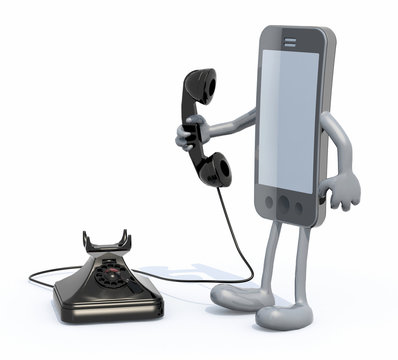 cartoon smartphone with arms and legs use an old telephone