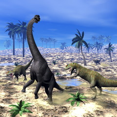 Fototapeta premium Allosaurus atakuje dinozaura brachiozaura - renderowanie 3D