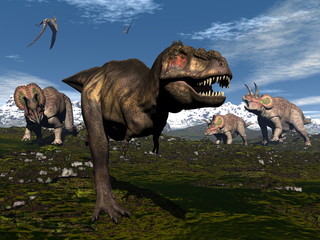 Fototapeta premium Tyrannosaurus rex attacked by triceratops dinosaurs - 3D render