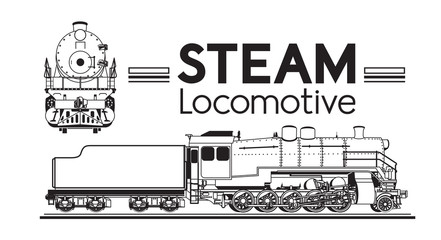 line drawing of a steam locomotive front and side © veida7