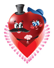 Cartoon vector illustration of two loving hearts in one