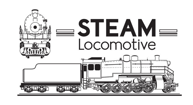 line drawing of a steam locomotive front and side