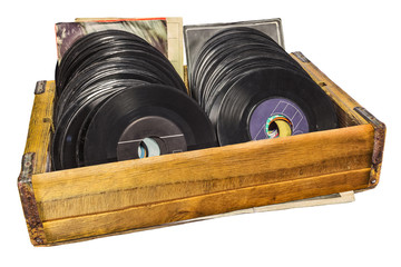 Retro styled image of a wooden box with vinyl lp records
